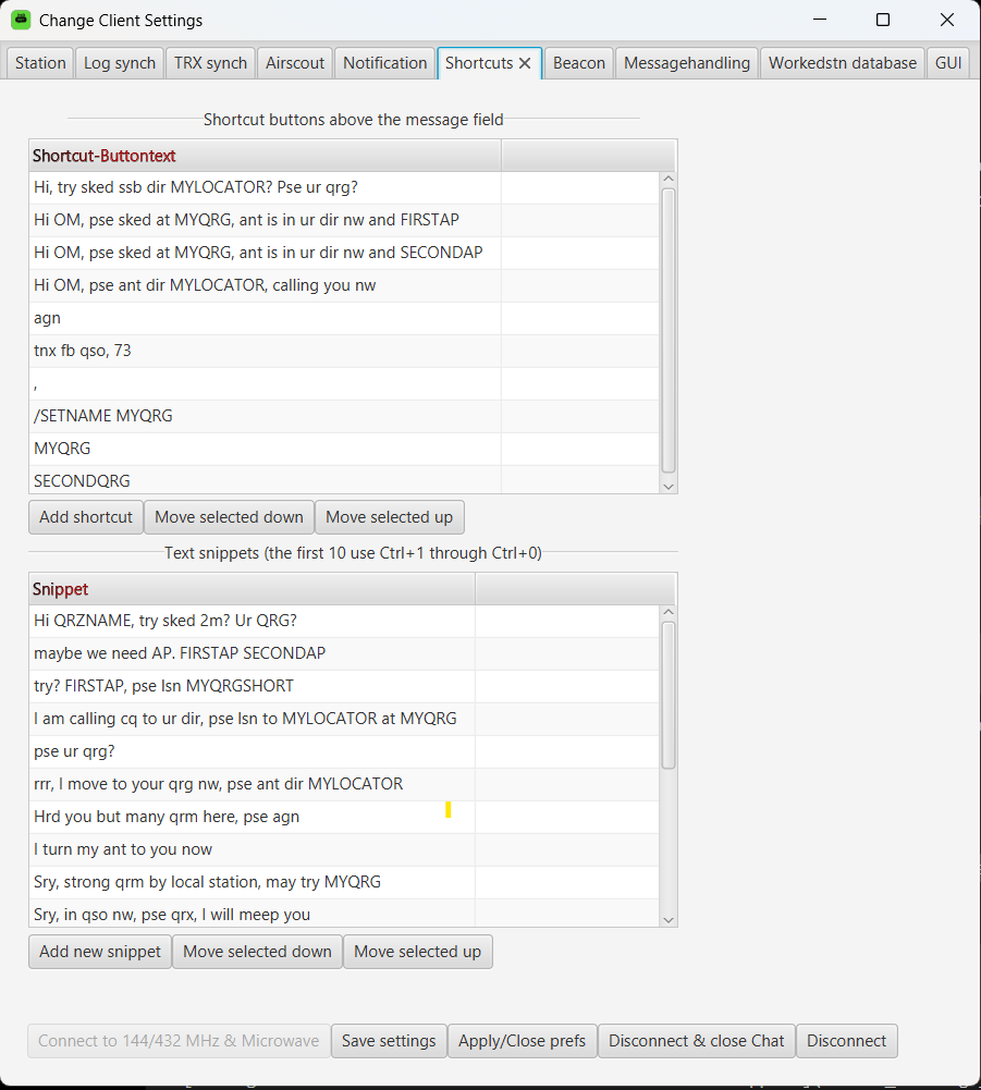 Konfiguration der Shortcut-Schaltflächen und Text-Snippets