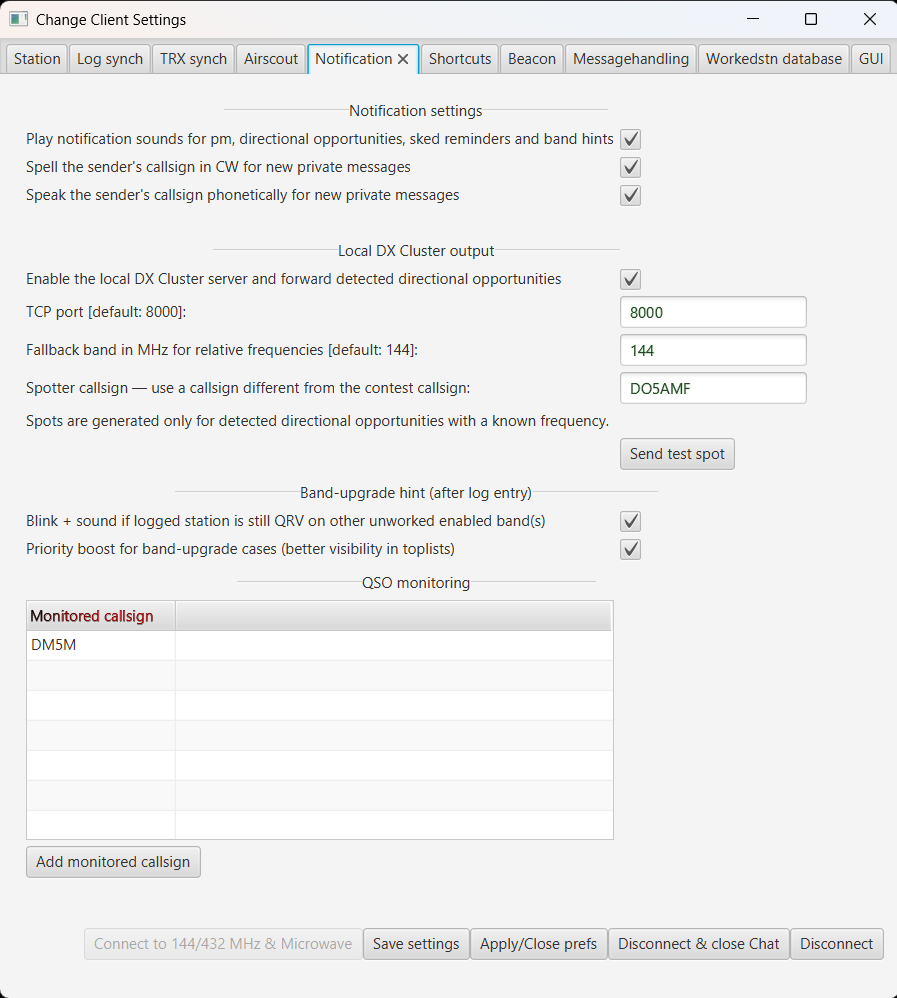 Benachrichtigungen und lokaler DX-Cluster-Server